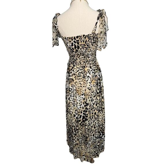 La Ligne 100% silk tie strap leopard print smocked midi dress size large L - Picture 3 of 5